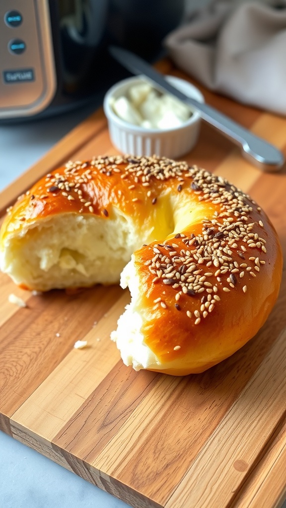 Freshly air-fried bagel with sesame seeds on a cutting board with cream cheese.